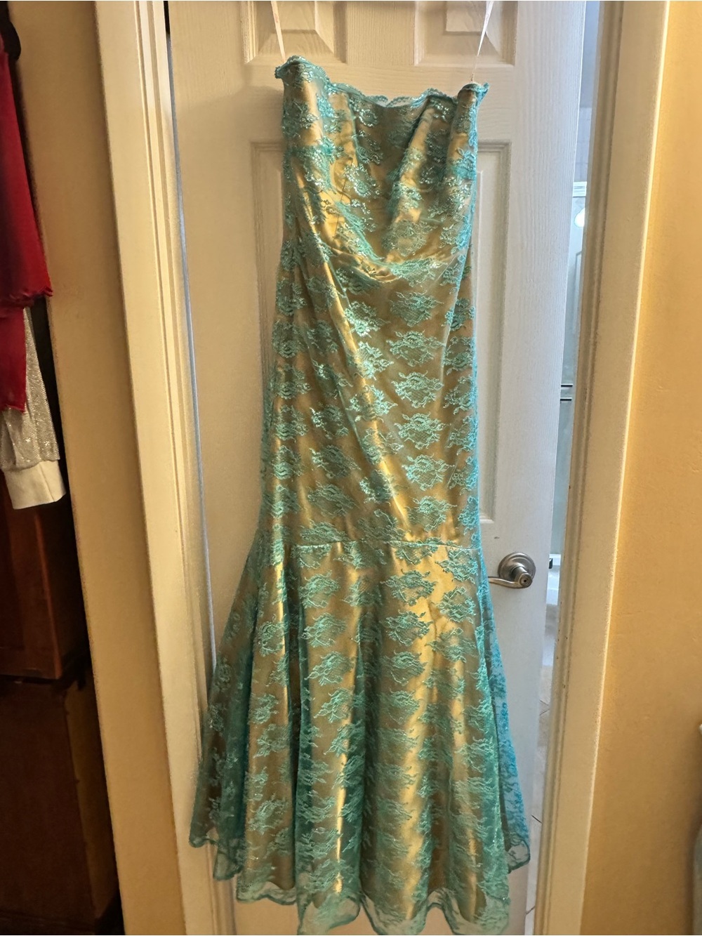 Strapless Teal and Gold Lace Evening Gown
